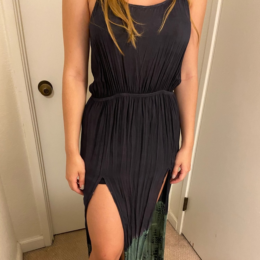 Blue maxi dress with teal tie dye design.